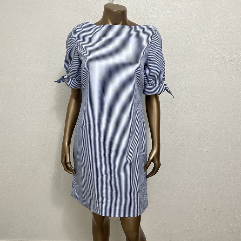 Charlotte‎ Brody Blue Striped Sheath Dress Bow Cuffed Puff Sleeves Size 6 Spring